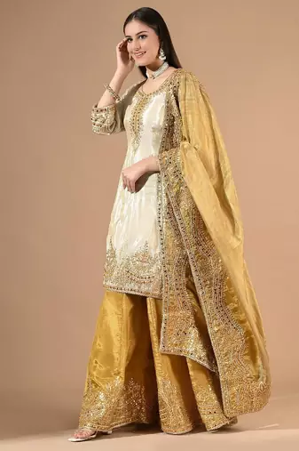 Cream yellow sharara set with gotta & mirror work