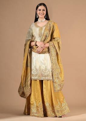 Cream yellow sharara set with gotta & mirror work 4