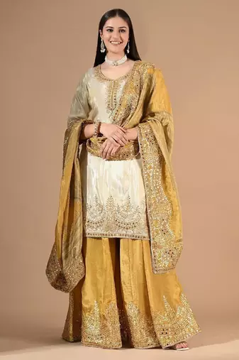 Cream yellow sharara set with gotta & mirror work
