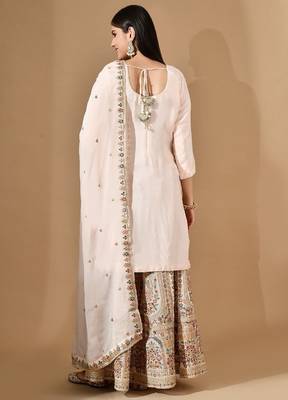 Peach pink chinon sharara set with thread & zardozi work 2
