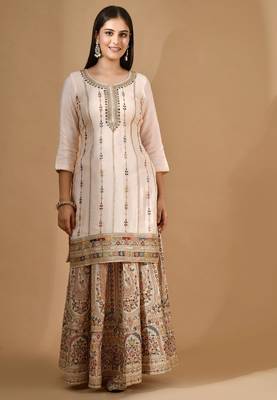 Peach pink chinon sharara set with thread & zardozi work 1
