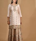 Peach pink chinon sharara set with thread & zardozi work
