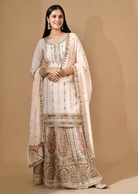 Peach pink chinon sharara set with thread & zardozi work 3