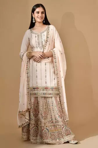 Peach pink chinon sharara set with thread & zardozi work