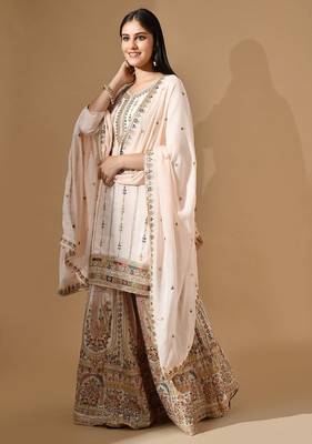 Peach pink chinon sharara set with thread & zardozi work 4