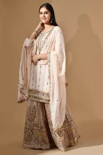 Peach pink chinon sharara set with thread & zardozi work
