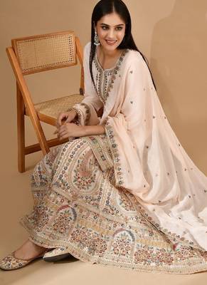 Peach pink chinon sharara set with thread & zardozi work 5