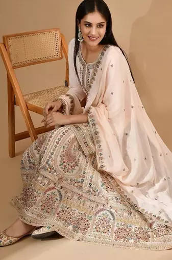 Peach pink chinon sharara set with thread & zardozi work