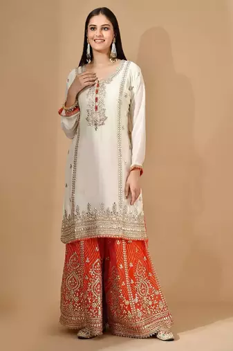 Cream chinon sharara set with gotta & zari work