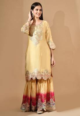 Golden & pink-golden garara set with gotta work 1