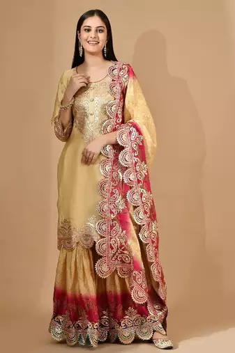 Golden & pink-golden garara set with gotta work