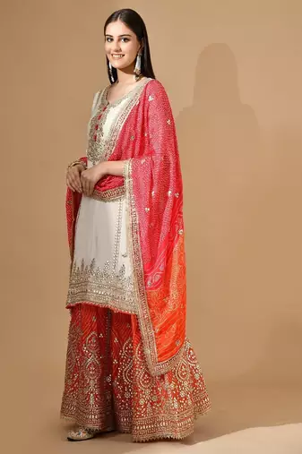 Cream chinon sharara set with gotta & zari work