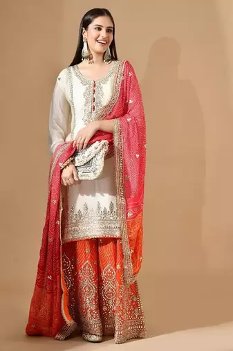 Cream chinon sharara set with gotta & zari work