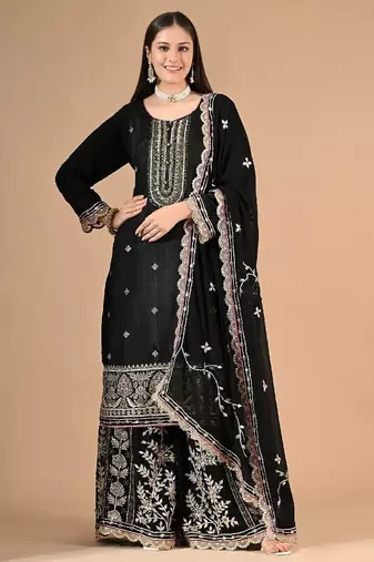 Black sharara set with zardozi & gotta embroidery