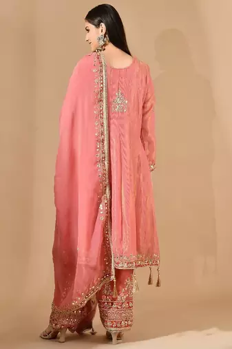 Carrot pink kurta set with gotta zari & appliqu   work