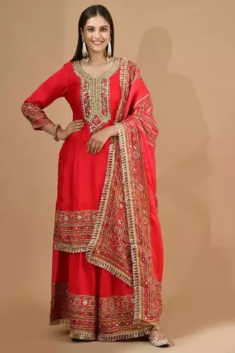 Reddish pink garara set with gotta & mirror work