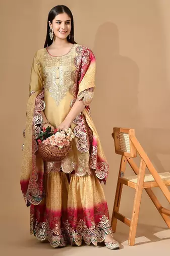 Golden & pink-golden garara set with gotta work