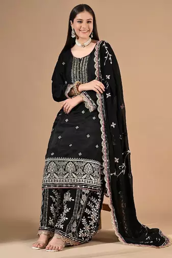 Black sharara set with zardozi & gotta embroidery