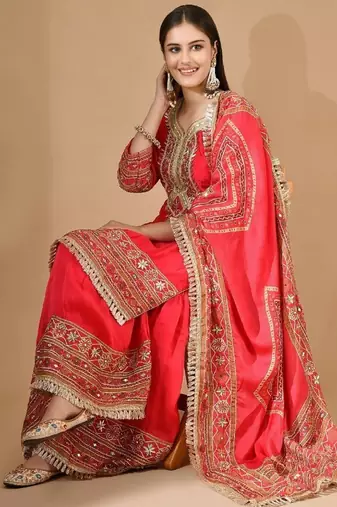 Reddish pink garara set with gotta & mirror work
