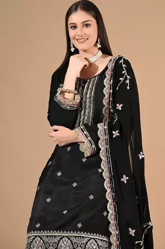 Black sharara set with zardozi & gotta embroidery