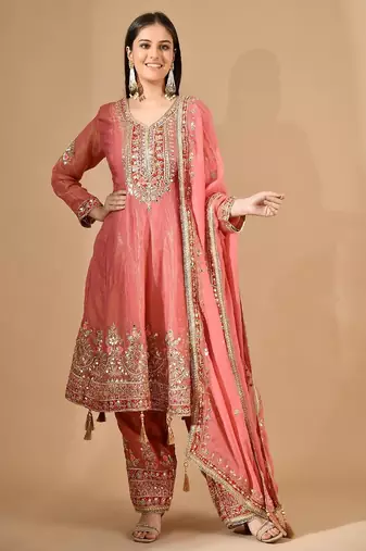 Carrot pink kurta set with gotta zari & appliqu   work