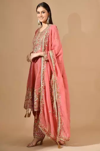 Carrot pink kurta set with gotta zari & appliqu   work