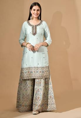 Aqua blue sharara set with zardozi crystal & pearl work 1