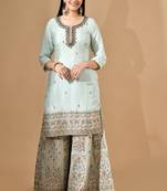 Aqua blue sharara set with zardozi crystal & pearl work