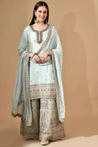 Aqua blue sharara set with zardozi crystal & pearl work