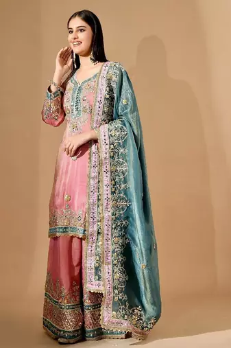 Carrot pink sharara set with mirror & gotta work