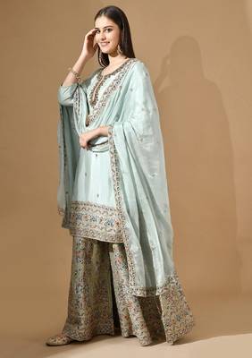 Aqua blue sharara set with zardozi crystal & pearl work 4