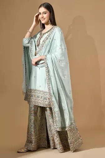 Aqua blue sharara set with zardozi crystal & pearl work