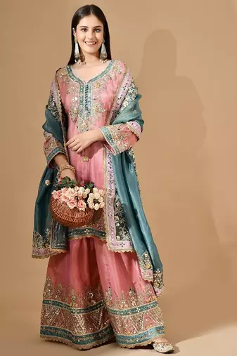 Carrot pink sharara set with mirror & gotta work