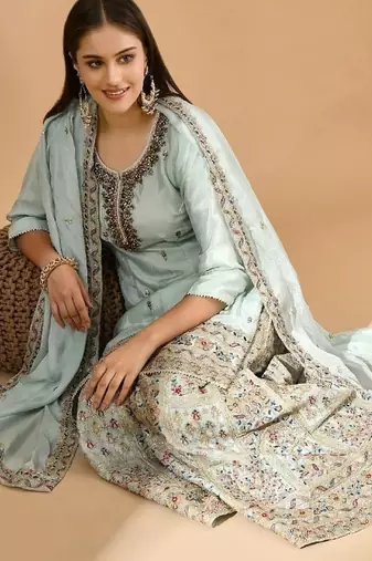 Aqua blue sharara set with zardozi crystal & pearl work