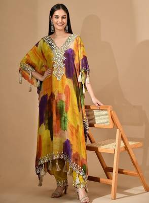 Multicolor yellow kaftaan set with gotta & mirror work 1