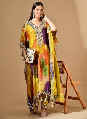 Multicolor yellow kaftaan set with gotta & mirror work 2