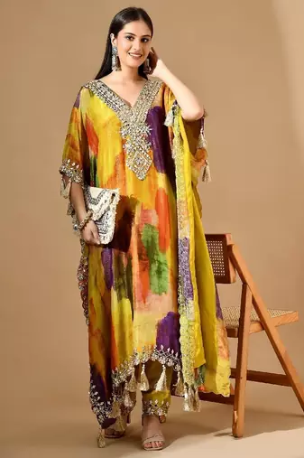 Multicolor yellow kaftaan set with gotta & mirror work