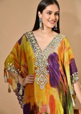 Multicolor yellow kaftaan set with gotta & mirror work 3
