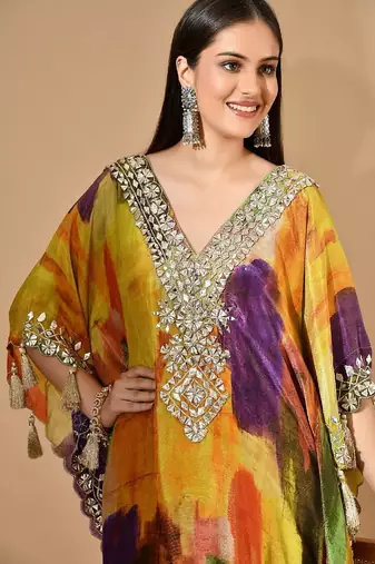 Multicolor yellow kaftaan set with gotta & mirror work