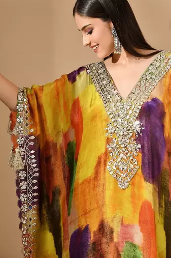 Multicolor yellow kaftaan set with gotta & mirror work