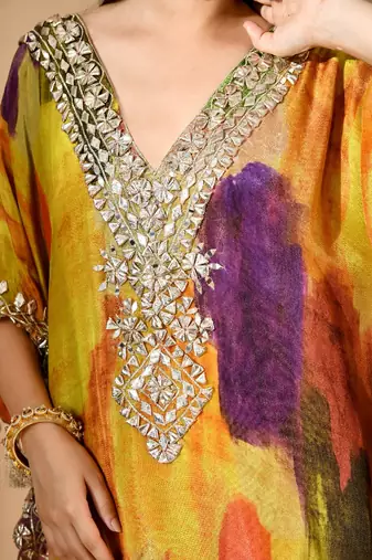 Multicolor yellow kaftaan set with gotta & mirror work