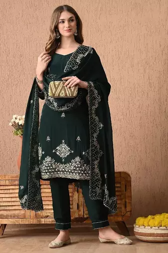 Gracious bottle green kurta set with zardozi and sequins work