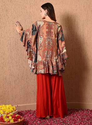Dark orange kaftan set with  print work 2