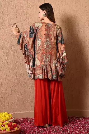 Dark orange kaftan set with  print work