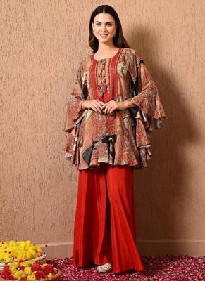 Dark orange kaftan set with  print work 1