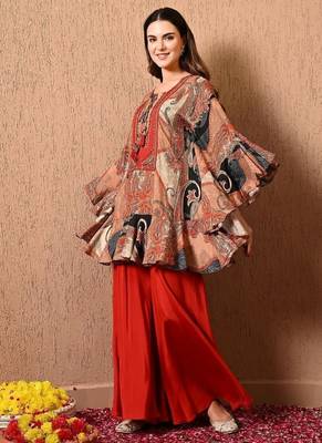Dark orange kaftan set with  print work 3