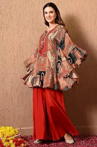 Dark orange kaftan set with  print work