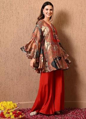Dark orange kaftan set with  print work 4