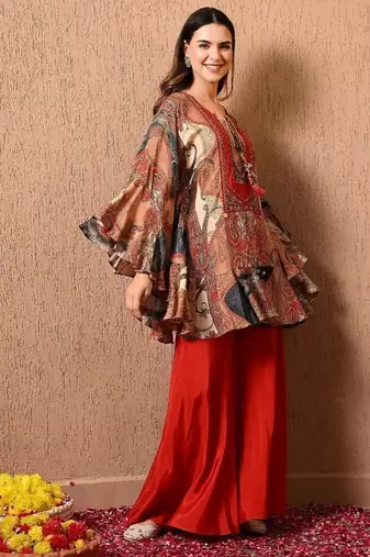 Dark orange kaftan set with  print work