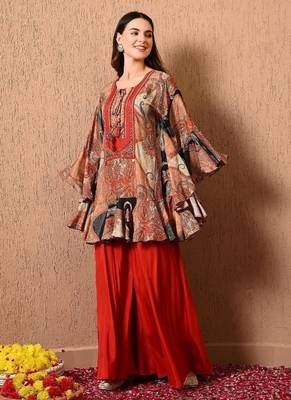 Dark orange kaftan set with  print work 5